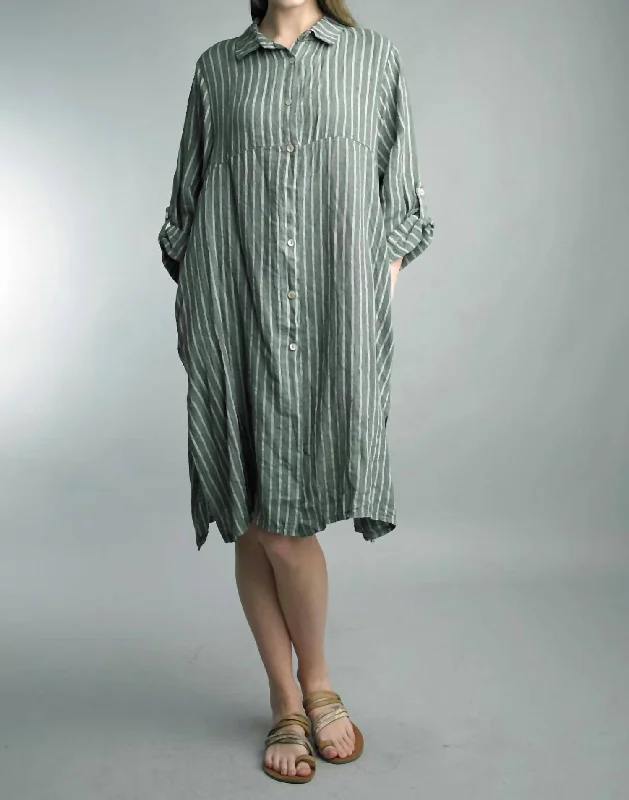 Stripe Button Down Dress in Olive/White