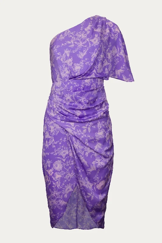 One-Shoulder Draped Asymmetric Dress In Lavender Multi