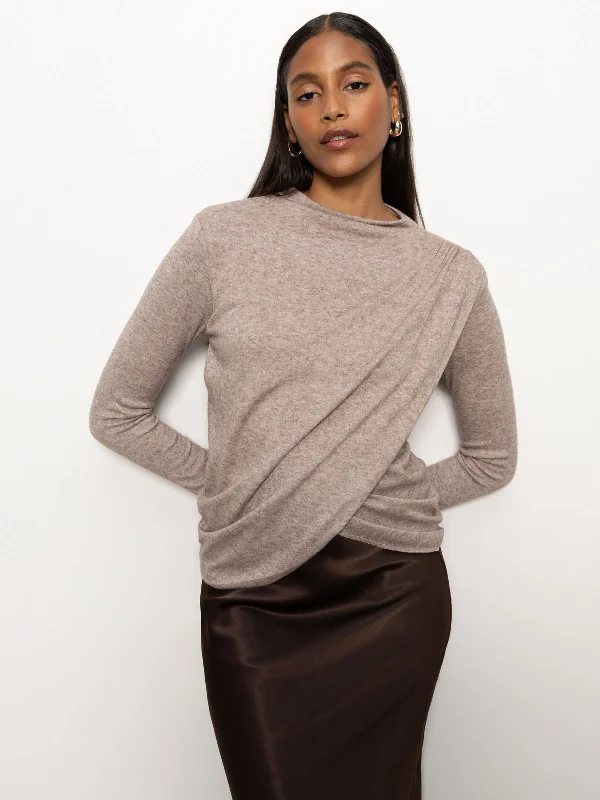 Long Sleeve Mock Draped Top Heather Cocoa