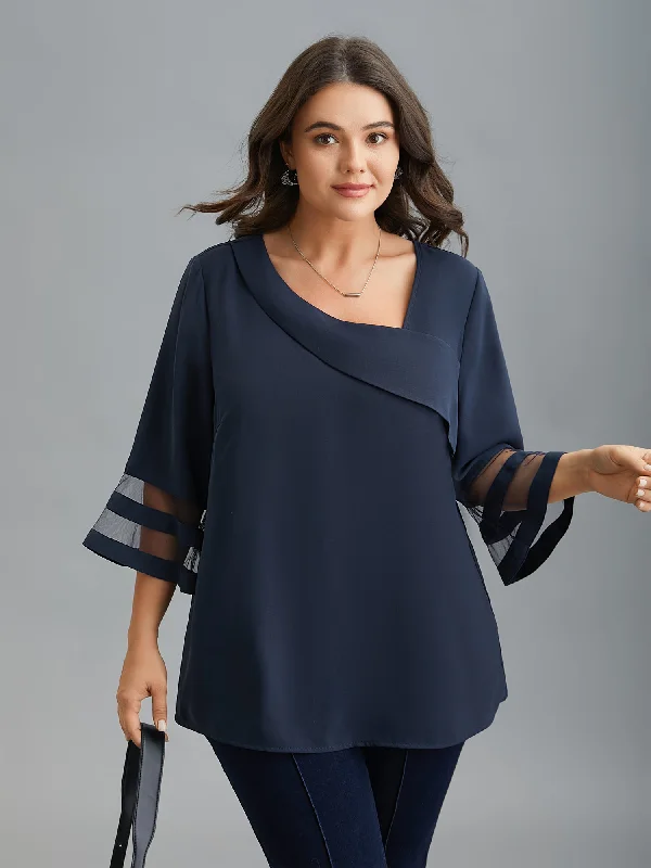 Sheer Sleeve Patchwork Asymmetrical Neckline Blouse