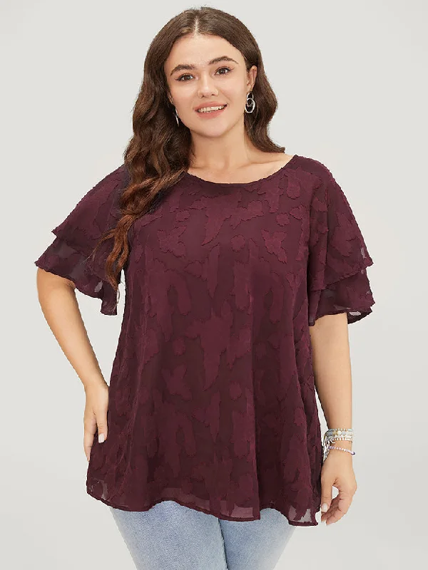 Floral Print Ruffle Tiered Raglan Sleeve Mesh Blouse