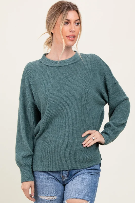 Light Olive Brushed Ribbed Knit Pullover