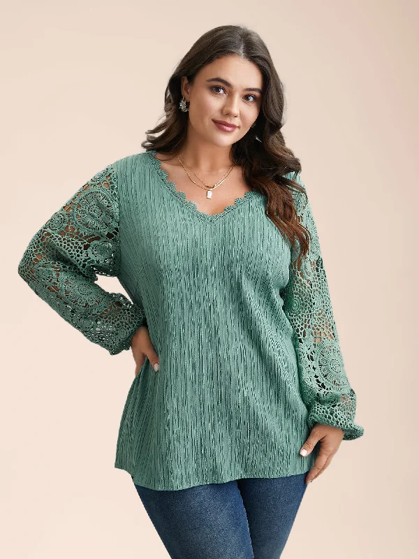 Scalloped Lace Textured Sheer Sleeve Blouse