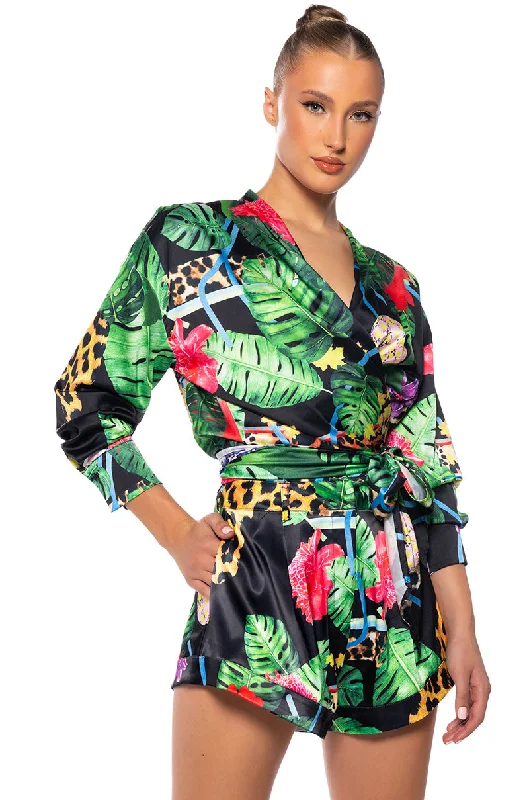 TROPICAL MOOD LONG SLEEVE SATIN TIE BLOUSE