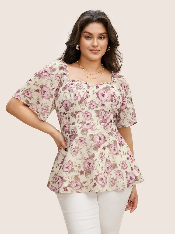 Heart Neckline Floral Shirred Ruffles Blouse