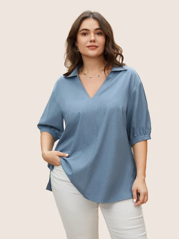 Plain Lapel Collar Gathered Puff Sleeve Blouse