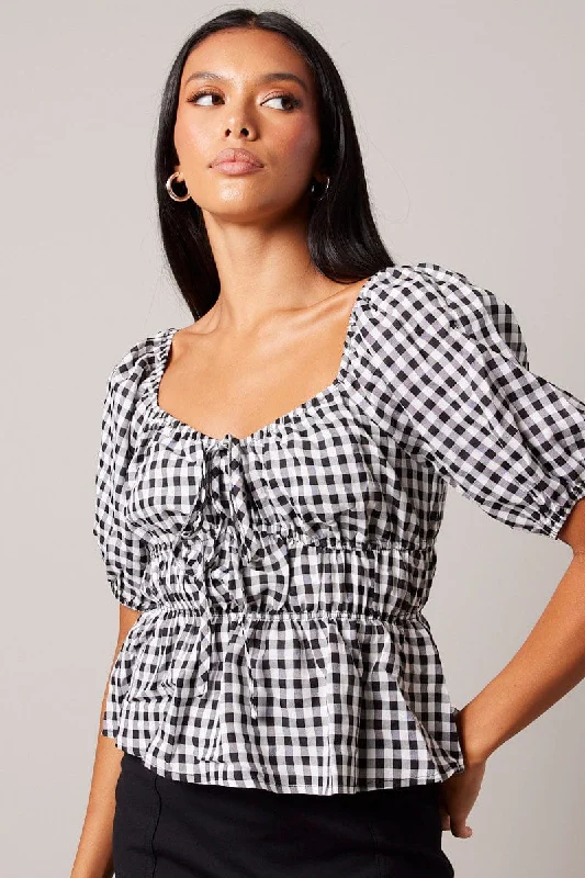 Black Check Ruched Peplum Top Short Sleeve