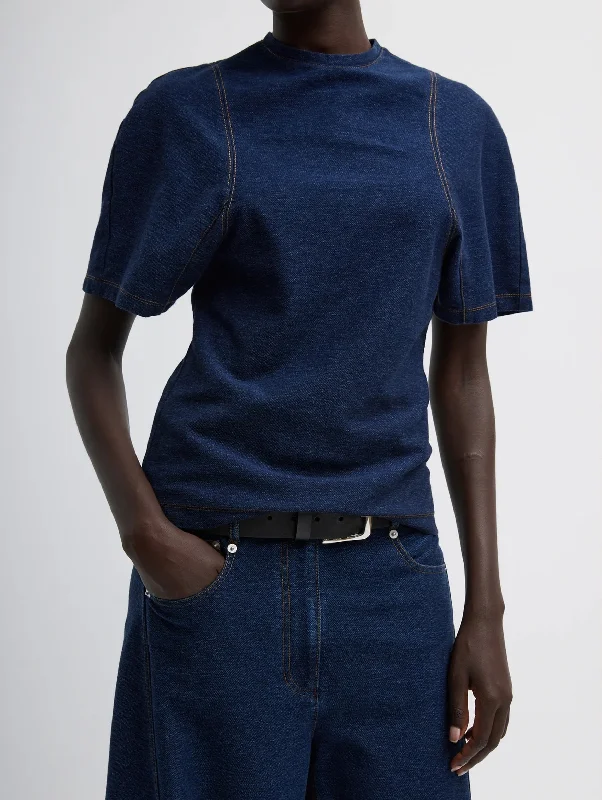 Barre Denim Knit Sculpted Shrunken T-Shirt In Indigo