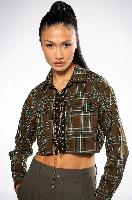 PLAID ROMANCE CHAIN LACE UP CROPPED BLOUSE