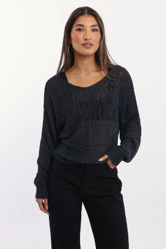 Blue Knit Top Asymmetric Neckline