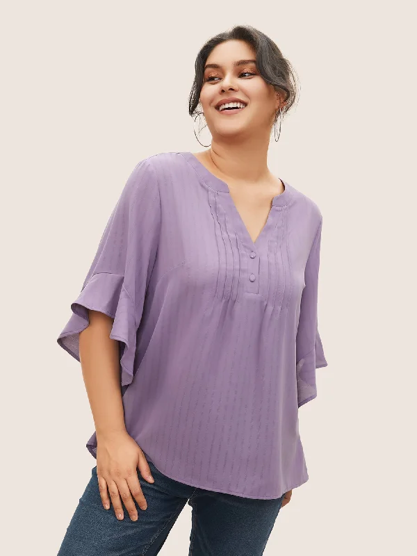 Plain Tucked Seam Button Up Flutter Sleeve Blouse