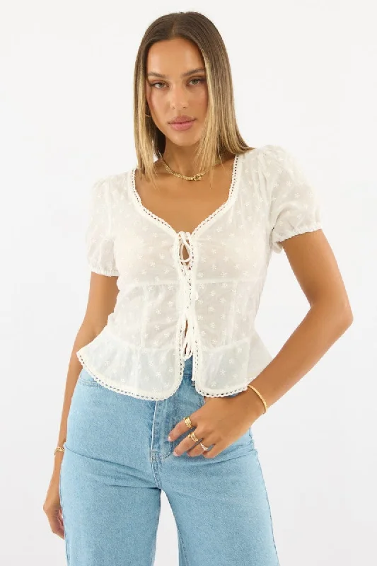 White Tie Up Top Short Sleeve Eyelet