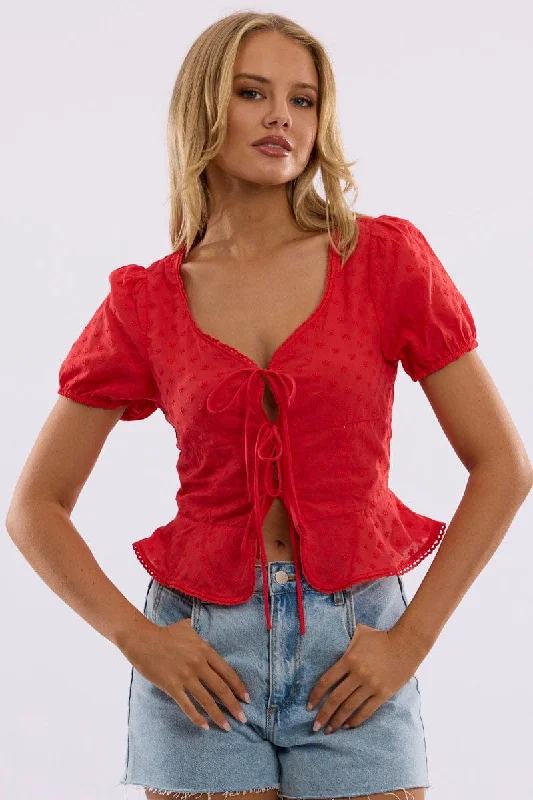 Red Tie Up Top Short Sleeve Eyelet