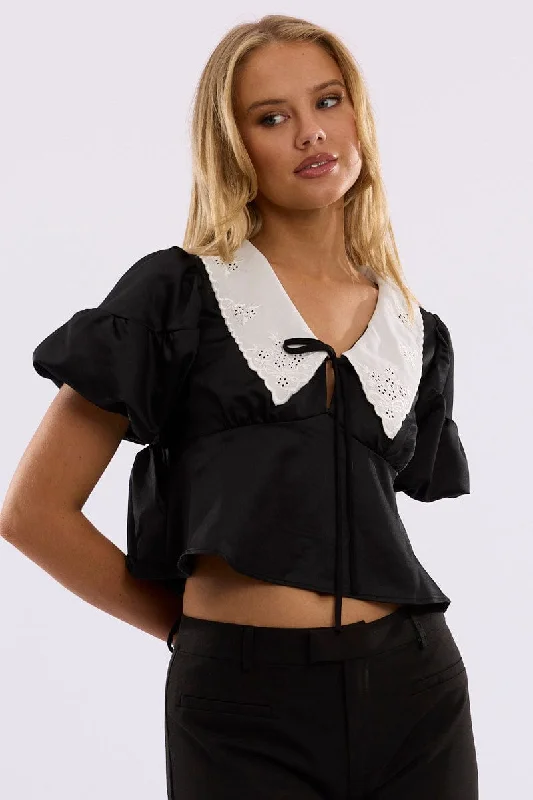 Black Babydoll Top Short Sleeve Collared Satin