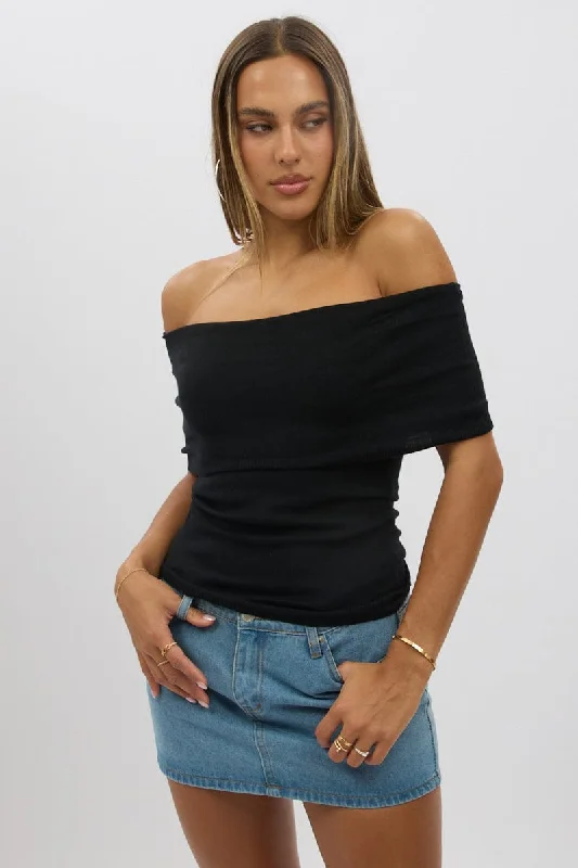 Black Bardot Knit Top Short Sleeve