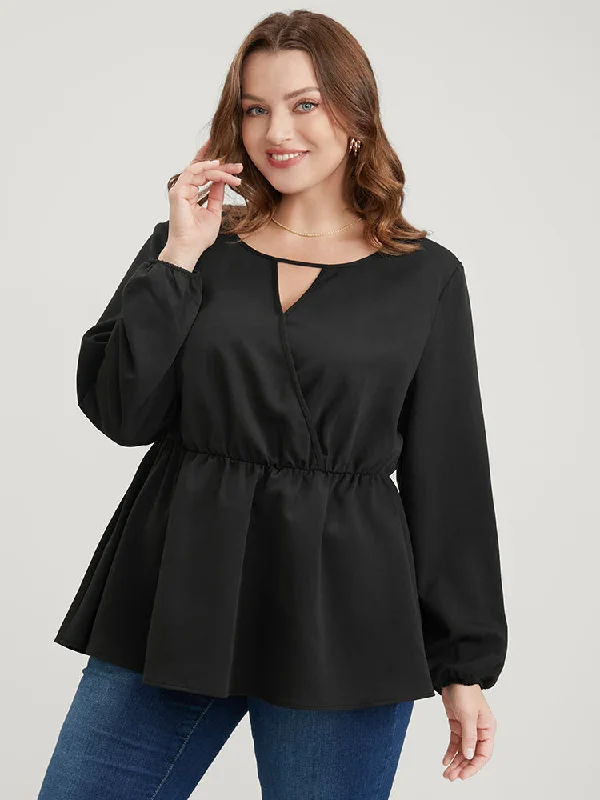 Solid Lantern Sleeve Keyhole Round Neck Ruffle Blouse