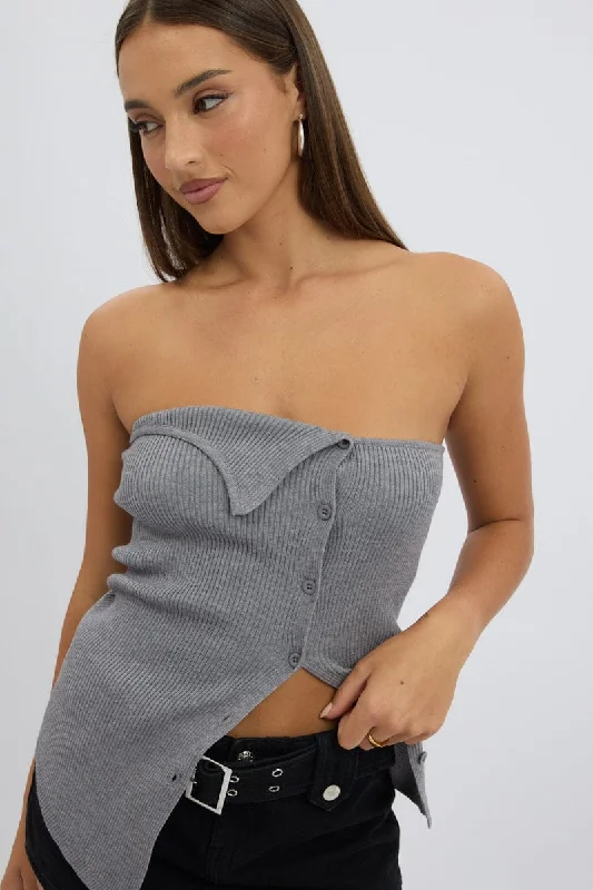 Grey Strapless Knit Top Open Front