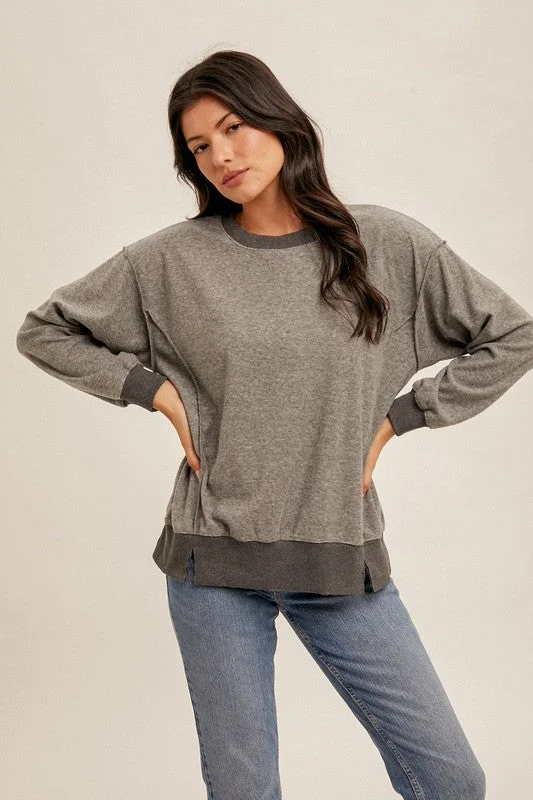 Gray Relaxed Fit Velour Slit Hem Pullover