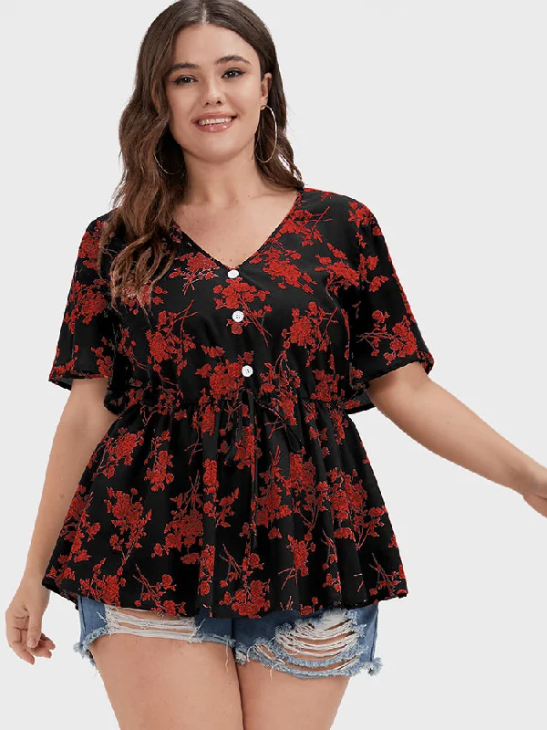 Floral Ties Button Ruffles V Neck Blouse