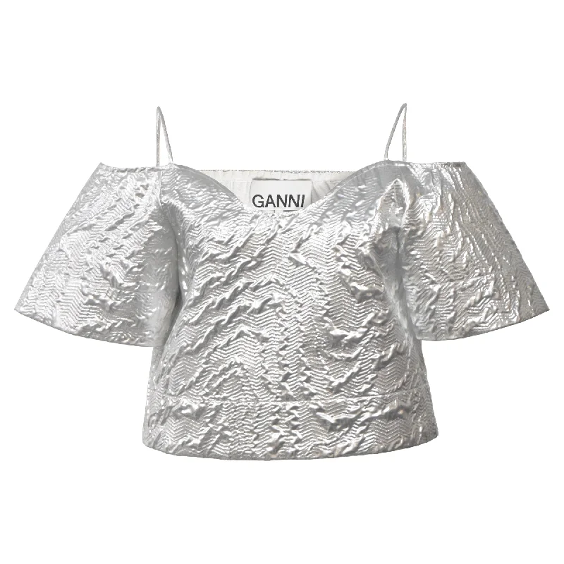 Ganni Off-The-Shoulder Top in Metallic Silver Cotton Brocade