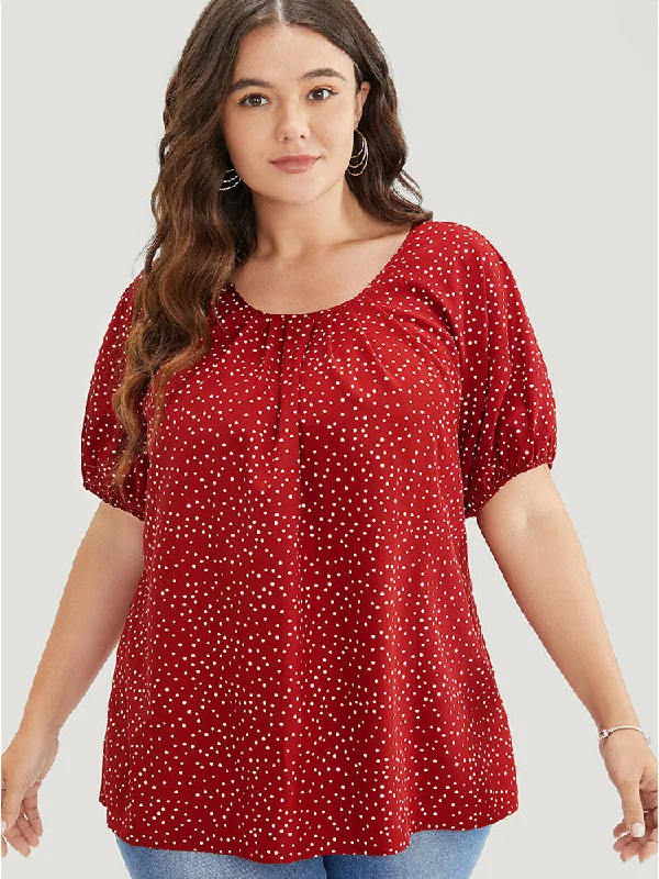 Polka Dot Pleated Round Neck Puff Sleeve Blouse