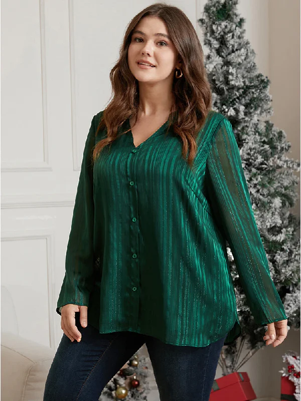 Glitter Striped V Neck Button Detail Blouse