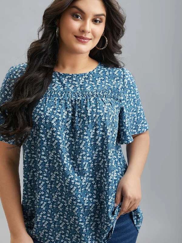 Floral Ruffle Sleeve Gathered Round Neck Blouse