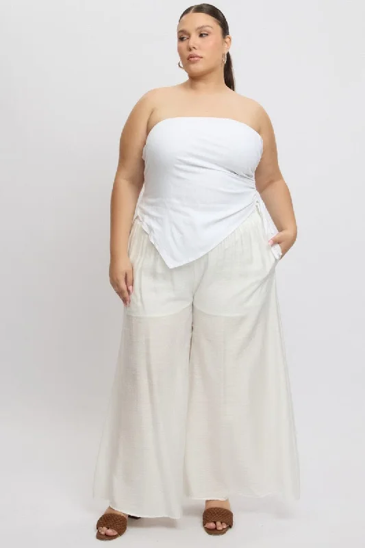 White Ruched Tube Top Strapless Linen Blend