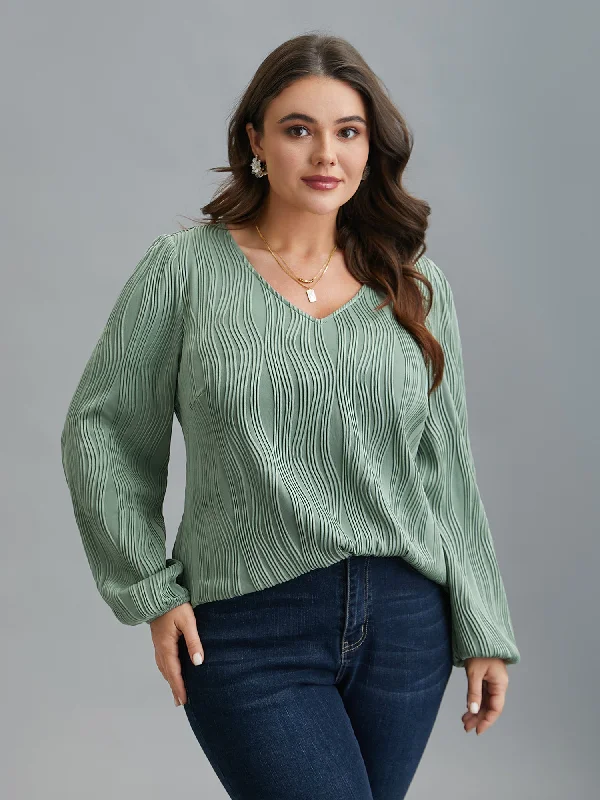 V-Neck Textured Balloon Sleeve Blouse