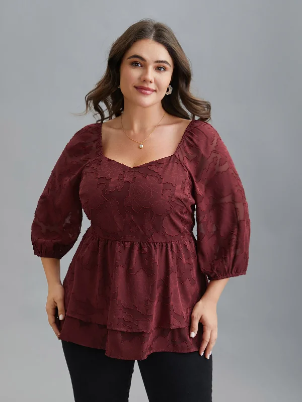 Sweetheart Neckline Jacquard Layered Blouse