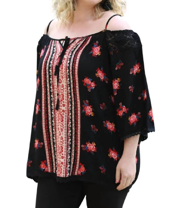 Floral Twin Print Cold Shoulder Top - Plus In Black