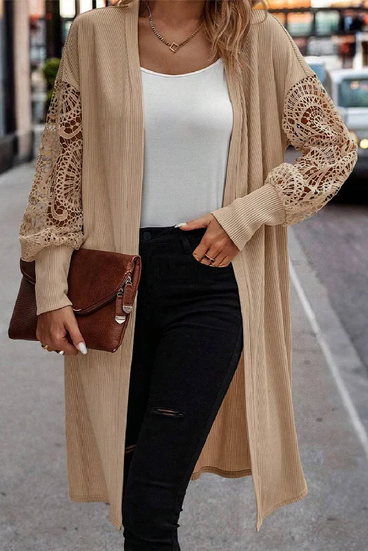 Lace Patchwork Ribbed Knit Open Front Duster Cardigan