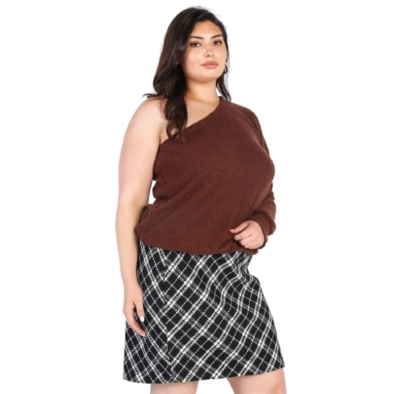 Plus Brown Ribbed Textured One Shoulder Top