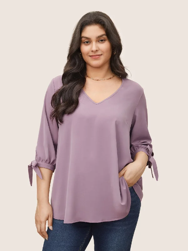 Plain Knotted Sleeve V Neck Blouse