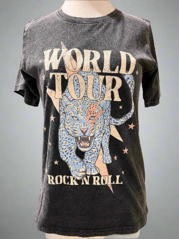 "KC" Black Mineral Washed "World Tour" Graphic Tee: Small