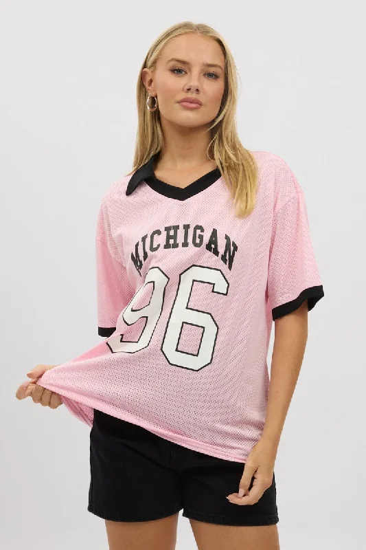 Pink Sport Tee Collar Short Sleeve