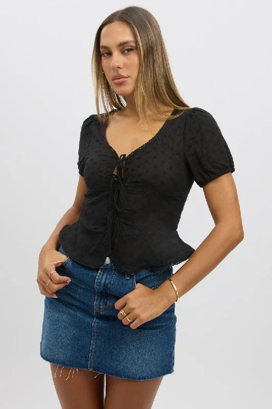 Black Tie Up Top Short Sleeve Eyelet