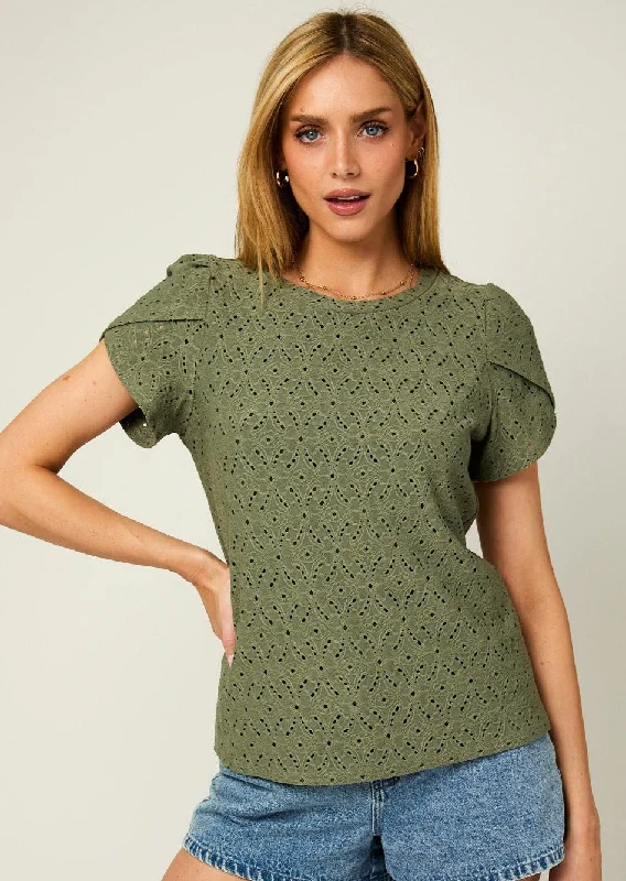 Olive Eyelet Short Sleeve Top