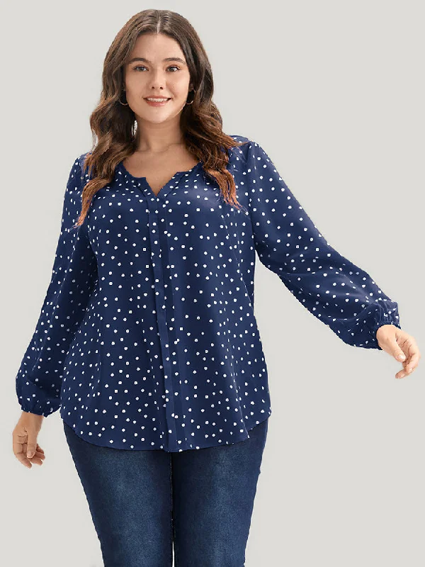 Polka Dot Lantern Sleeve Notched Blouse