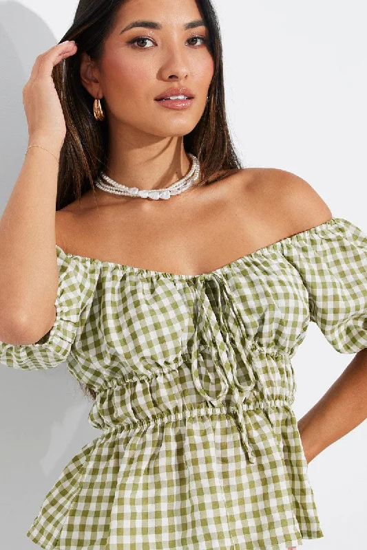 Green Check Ruched Peplum Top Short Sleeve