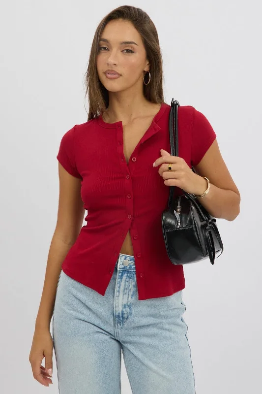 Red Button Front Top Short Sleeve