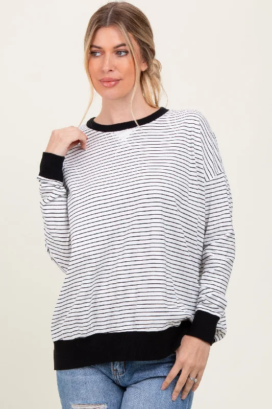 White Striped Oversized Crewneck Pullover