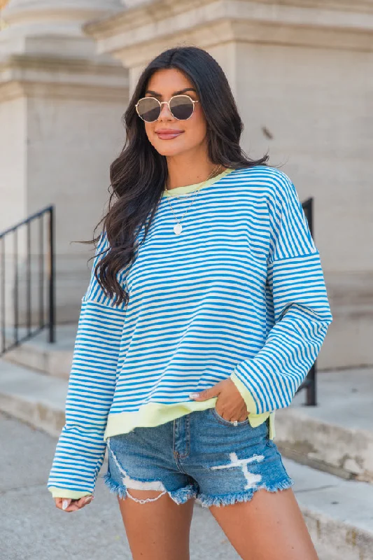 Think On It Blue Striped Contrast Trim Pullover SALE