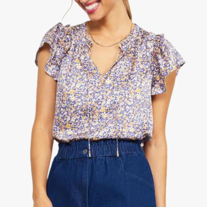 Short Sleeve Satin Printed Split Neck Top (Indigo)