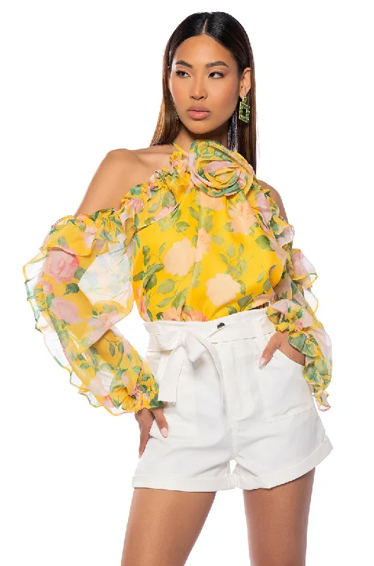 MISTY FLORAL PRINT COLD SHOULDER CHIFFON BLOUSE