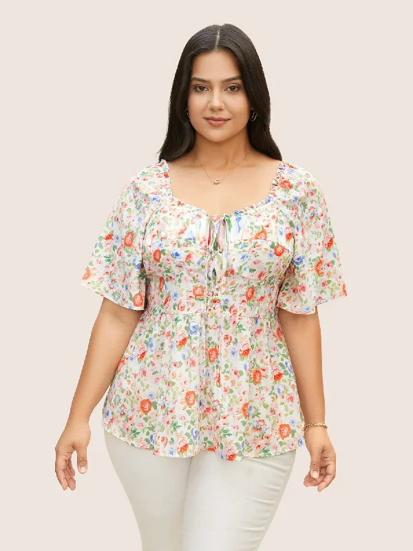 Heart Neckline Floral Frill Trim Blouse