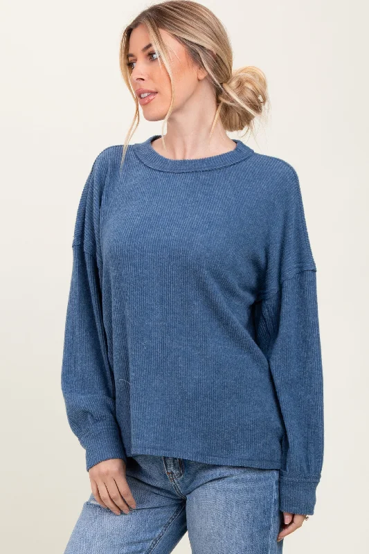 Blue Brushed Ribbed Knit Pullover