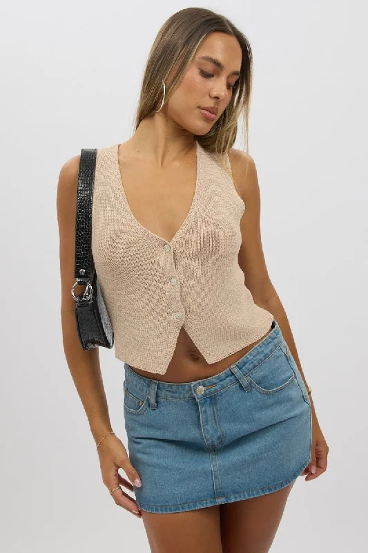 Beige Knit Vest V Neck