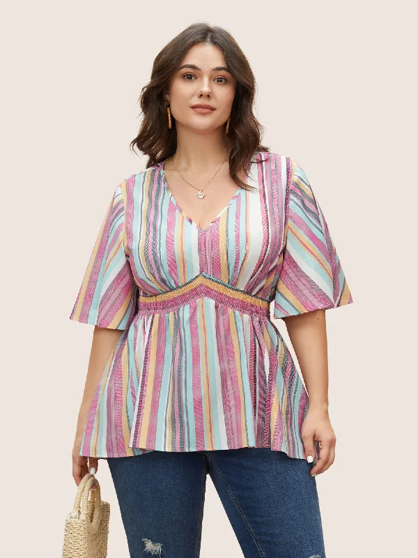 Colored Striped Shirred Flutter Sleeve Blouse