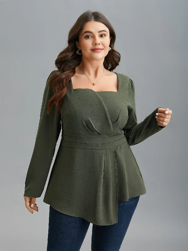 Asymmetrical Neckline Stretchy Waist Plicated Detail Blouse